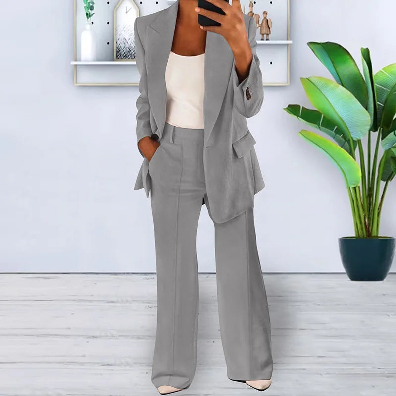 Women's 2 Piece Blazer Pant Set - Casual Single Button Jacket & High Waist Wide Leg Workwear Suit