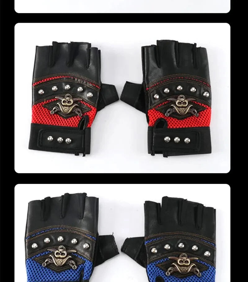 Pirate Skull PU Leather Fingerless Gloves for Men & Women – Hip Hop, Gym, Moto Half-Finger Mitts with Rivets