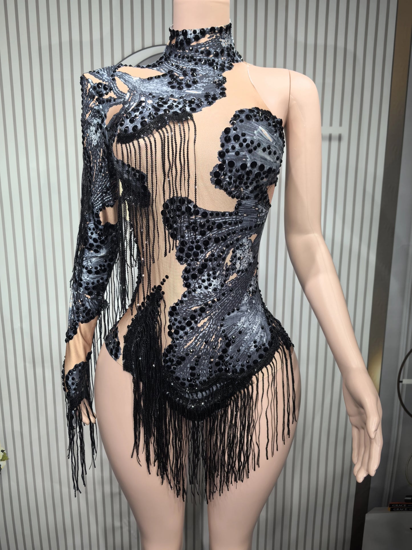 Sparkly Blue Rhinestone Leotard - One-Shoulder Fringe Bodysuit for Dance, Stage & Performance