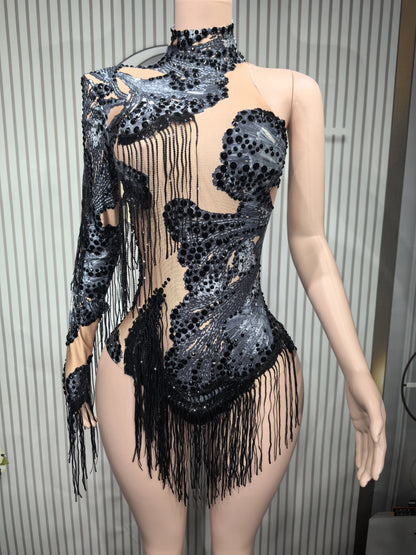 Sparkly Blue Rhinestone Leotard - One-Shoulder Fringe Bodysuit for Dance, Stage & Performance