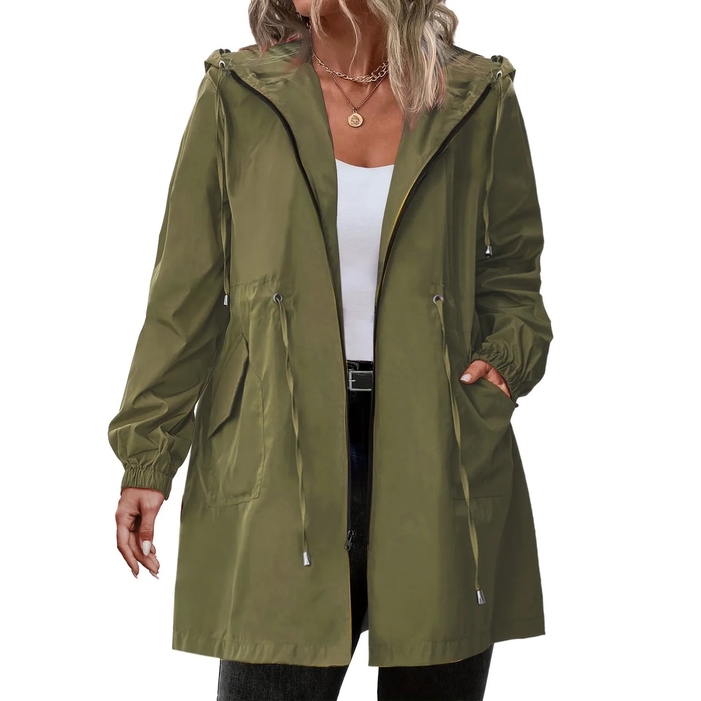 Women’s Hooded Trench Coat - Long Sleeve Mid-Length Windbreaker for Spring & Autumn