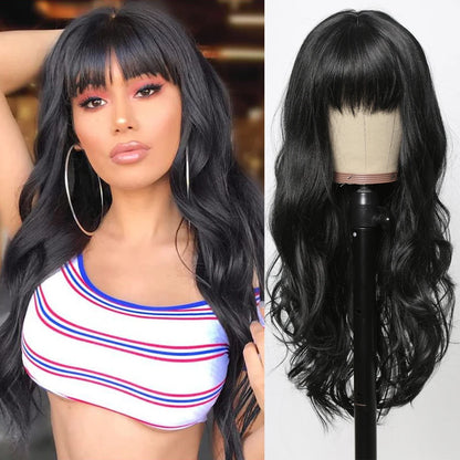 Copper Ginger Red Brown Synthetic Wig – Long Fluffy Wavy Wig with Bangs, Heat-Resistant Cosplay & Daily Wear Hair for Women