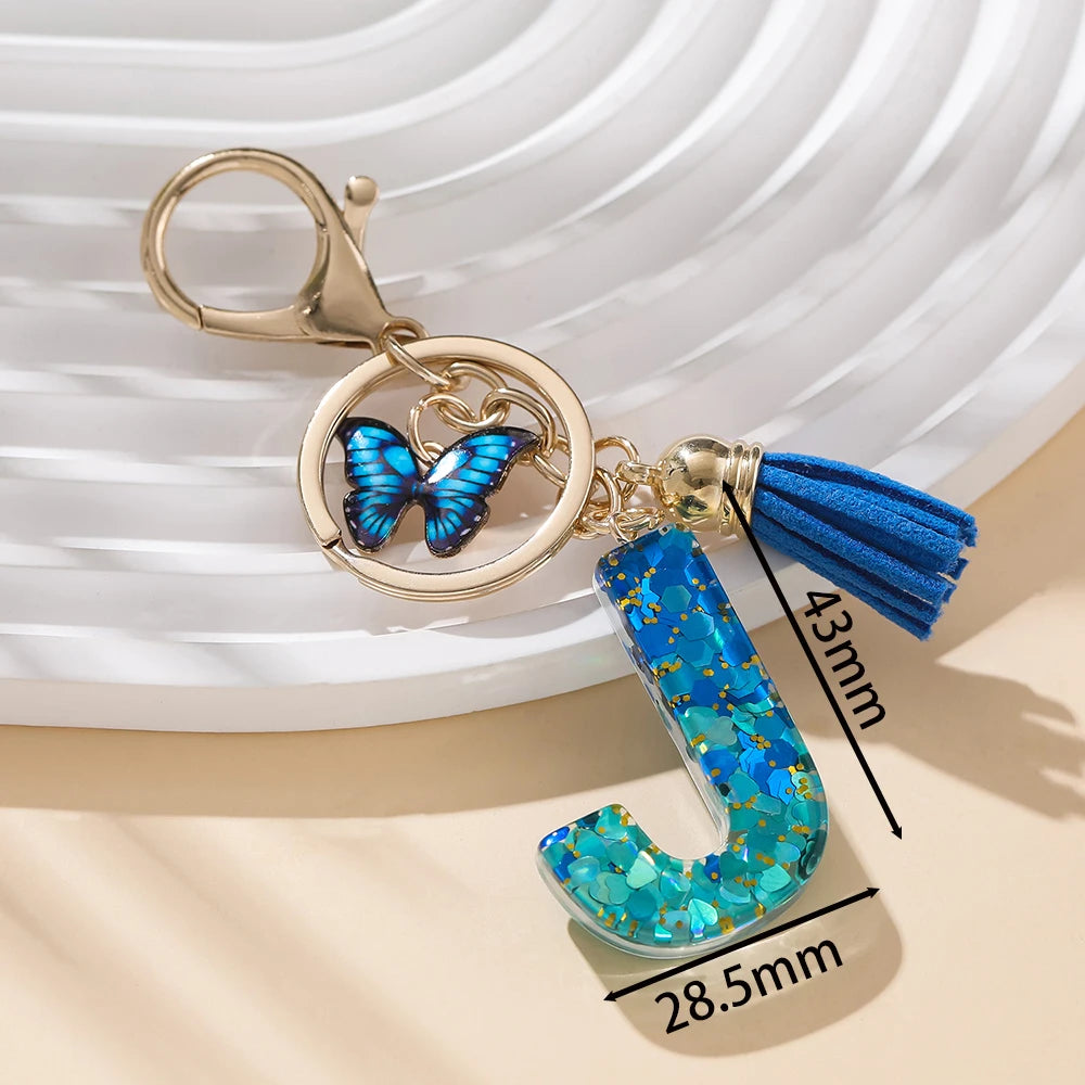 Royal Blue Butterfly Initial Keychain - Alloy Alphabet Letter & Tassel Backpack Charm