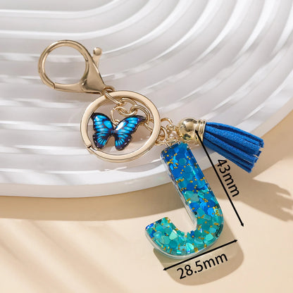 Royal Blue Butterfly Initial Keychain - Alloy Alphabet Letter & Tassel Backpack Charm