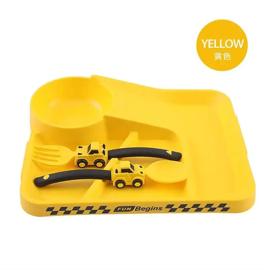Kids Cartoon Racing Dinner Set - Baby Self Feeding Fork Spoon Plate & Divided Non-Slip Bowl Set