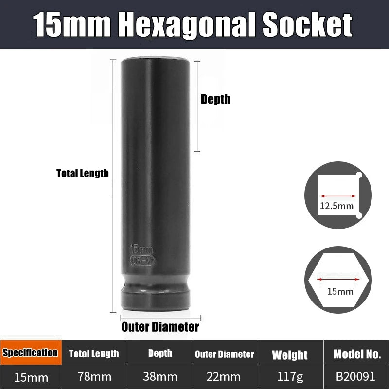 1/2" Drive Deep Impact Socket – Metric Wrench Socket for Pneumatic Tools, Tire Removal & Heavy-Duty Automotive Use