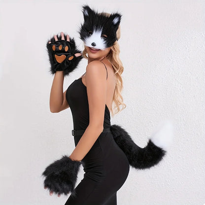 5pcs Fluffy Fur Fox Tail & Cat Paws Gloves Set — Wolf Mask Halloween Cosplay Costume Accessories for Theme Party Dress-Up