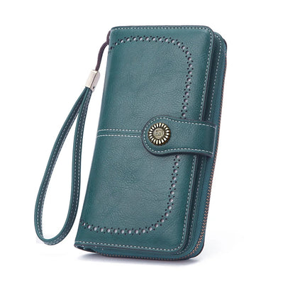 Vintage Large Capacity Women's Purse – Monochromatic Multi-Card Long Wallet with Zipper & Wrist Strap