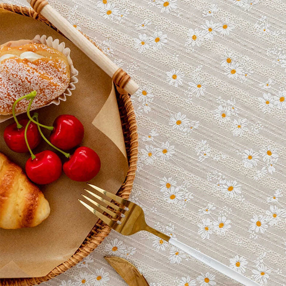 Charming Korean Style Small Daisy Cotton Tablecloth - Elegant Floral Rectangle Cover for Tea Tables, Kitchen, Wedding, and Dining Room Decor