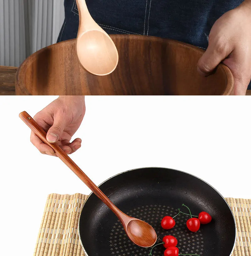 Long Wooden Spoons – Natural Coffee Stirring Rods & Tea Dessert Spoons for Soup Kitchen Tableware