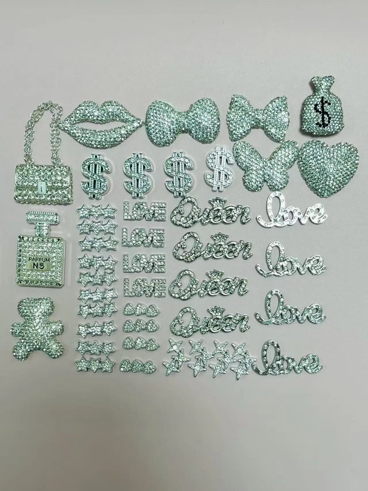 43PCS Luxury Charm Set — Diamond Bow, Perfume Bottle, Butterfly & Lip Decorations for Phone Case, Purse, and DIY Crafts