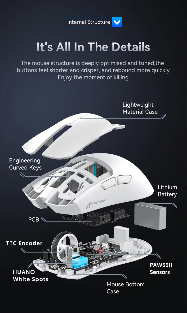 Attack Shark X11 Tri-Mode Wireless Gaming Mouse – 2.4GHz/Wired/Bluetooth PAW3311 22000DPI RGB PC Mouse 400IPS