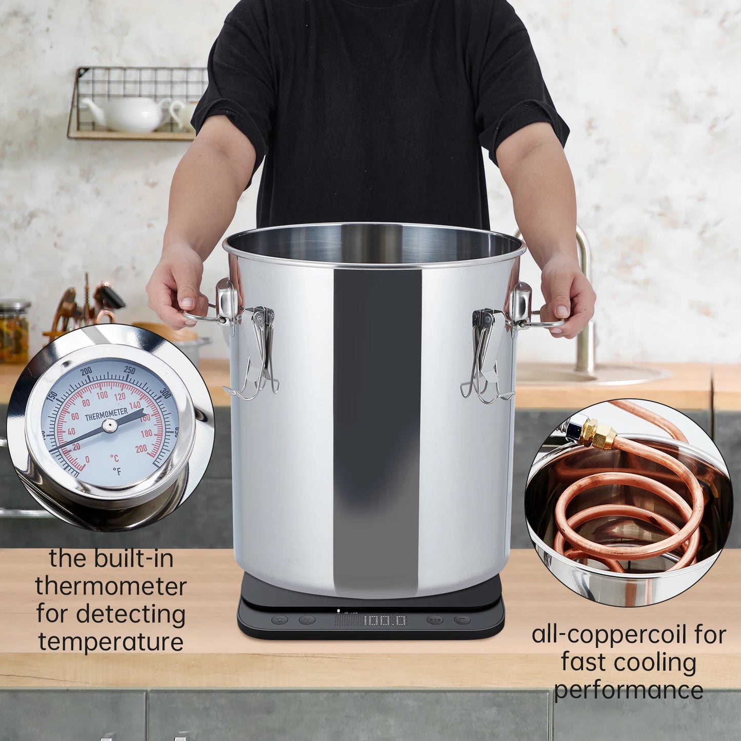 5Gal/19L Stainless Steel Water & Alcohol Distiller – Home Brewing Kit with Built-in Thermometer, Copper Tube, and Water Pump