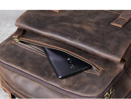 Vintage Crazy Horse Leather Backpack for Men — 17" Laptop Travel Rucksack Cowhide Hiking Bag M815