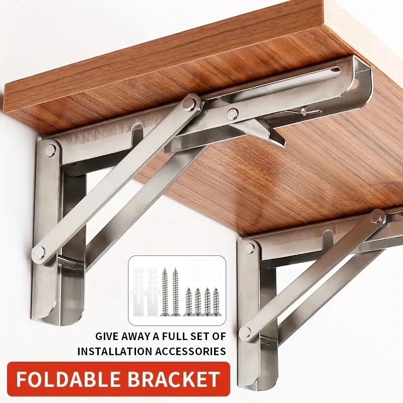 2pcs Heavy Duty Stainless Steel Folding Shelf Brackets | Collapsible Wall-Mounted L-Table Hinges for Bench & Table with Screws