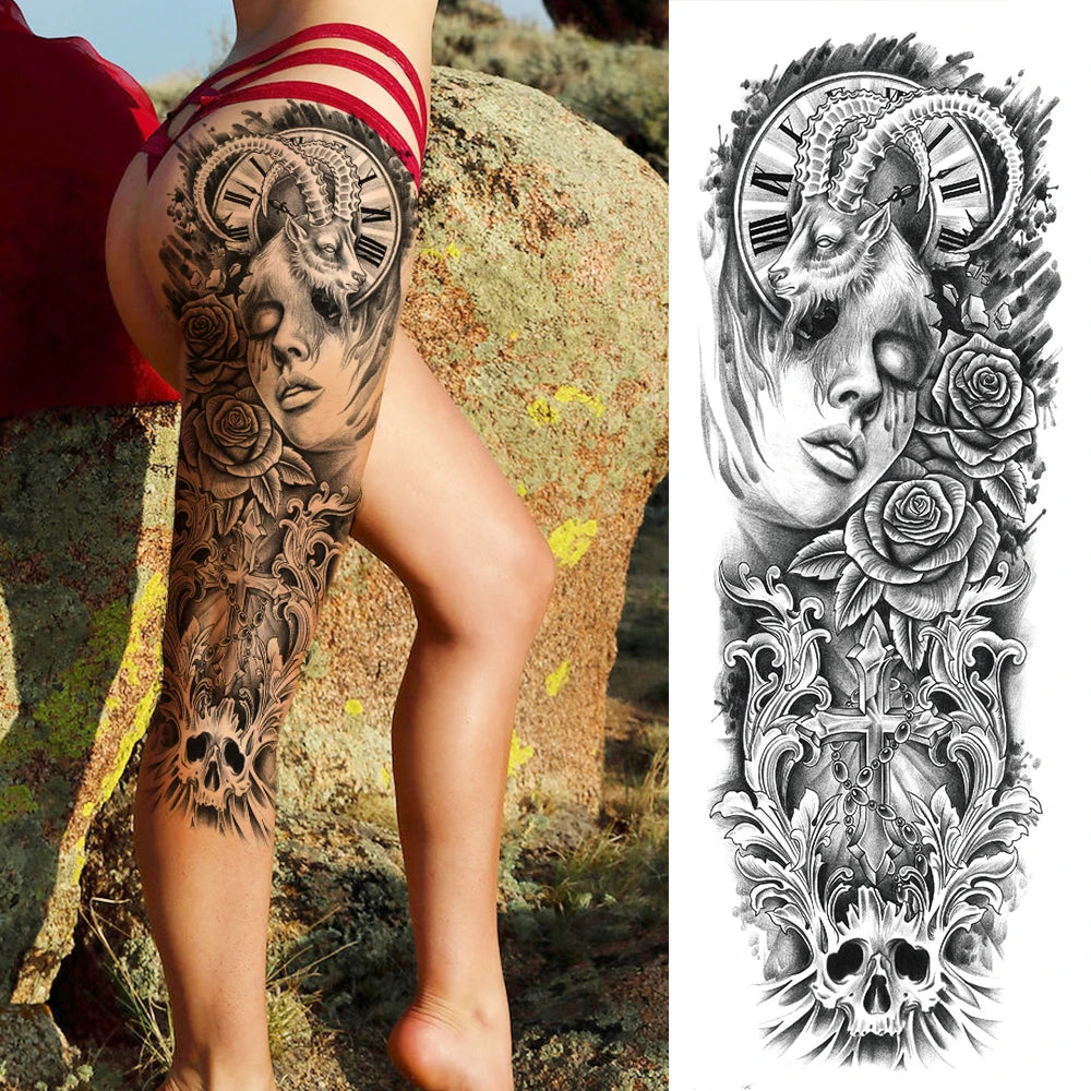 Full Arm Temporary Tattoo Sleeve - Realistic Warrior Lion Tiger Flower & Maori Design Fake Tattoos