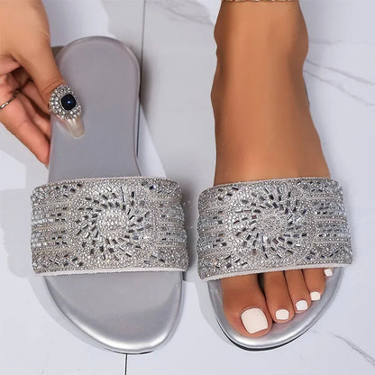 Women’s Silver Crystal Flat Slippers – Plus Size Comfortable Summer Beach Shoes