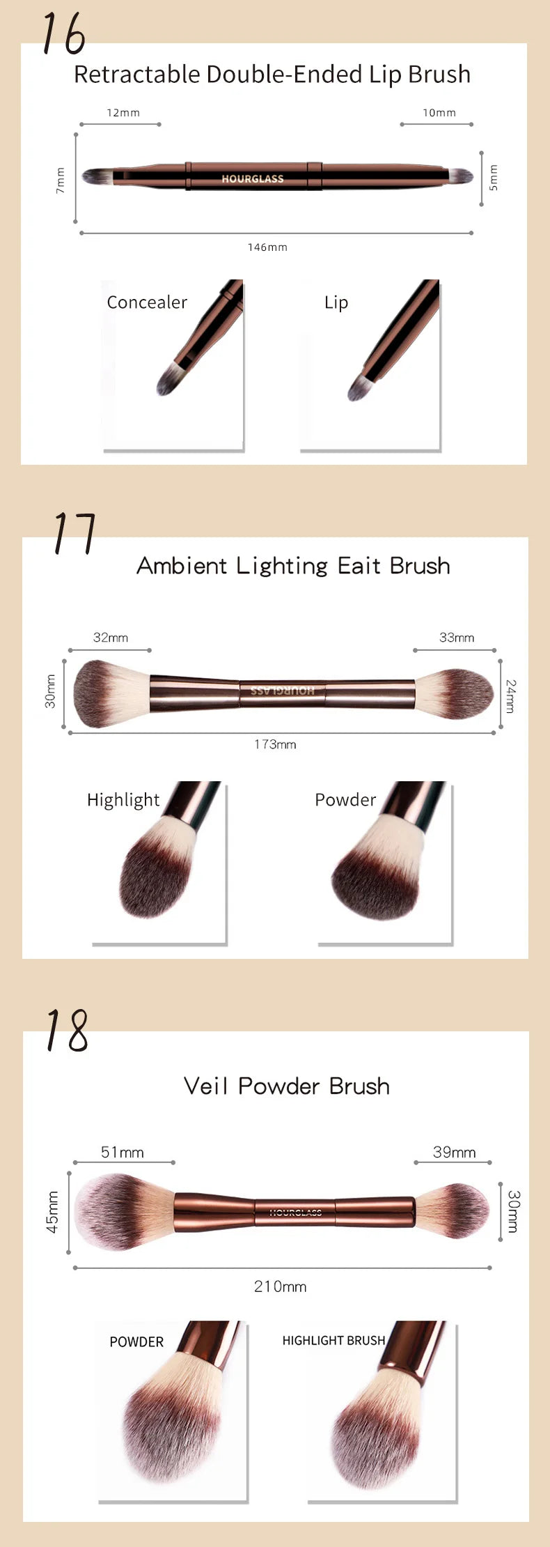Hourglass Retractable Makeup Brush Set – Professional Eyeshadow, Foundation, Concealer, Powder, Bronzer, Blusher & Eyeliner Brushes