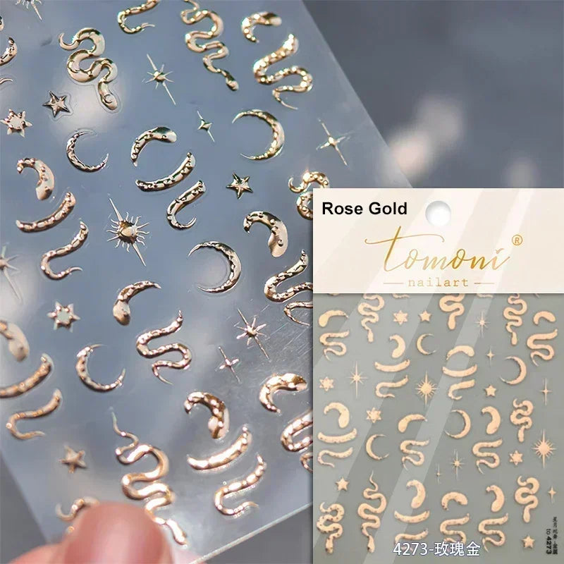 5D Gold Stamped Nail Art Stickers - Silver Sun Stars Snake Chinese Style Self-Adhesive Manicure Decals