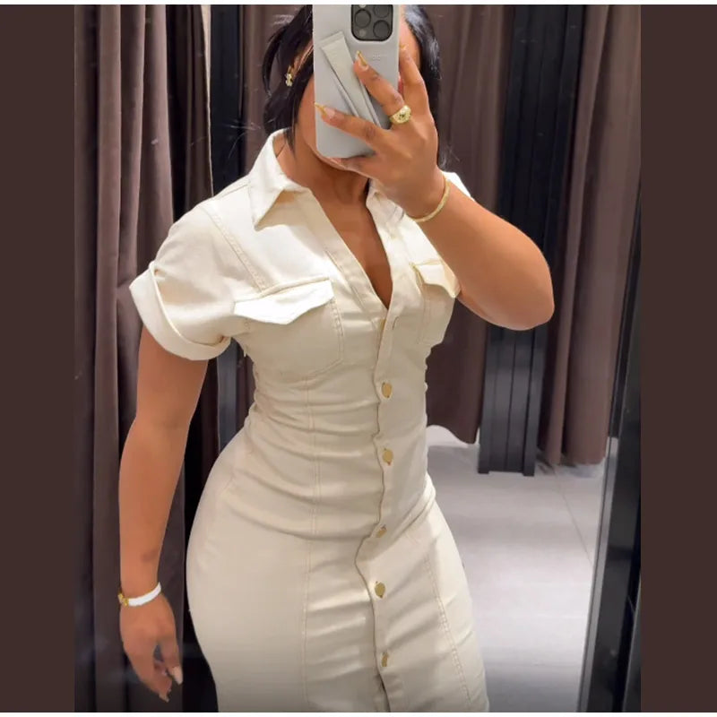 Women’s Chic White Denim Dress – Casual Lapel Long Slim Maxi, Single-Breasted Short Sleeve Summer Dress
