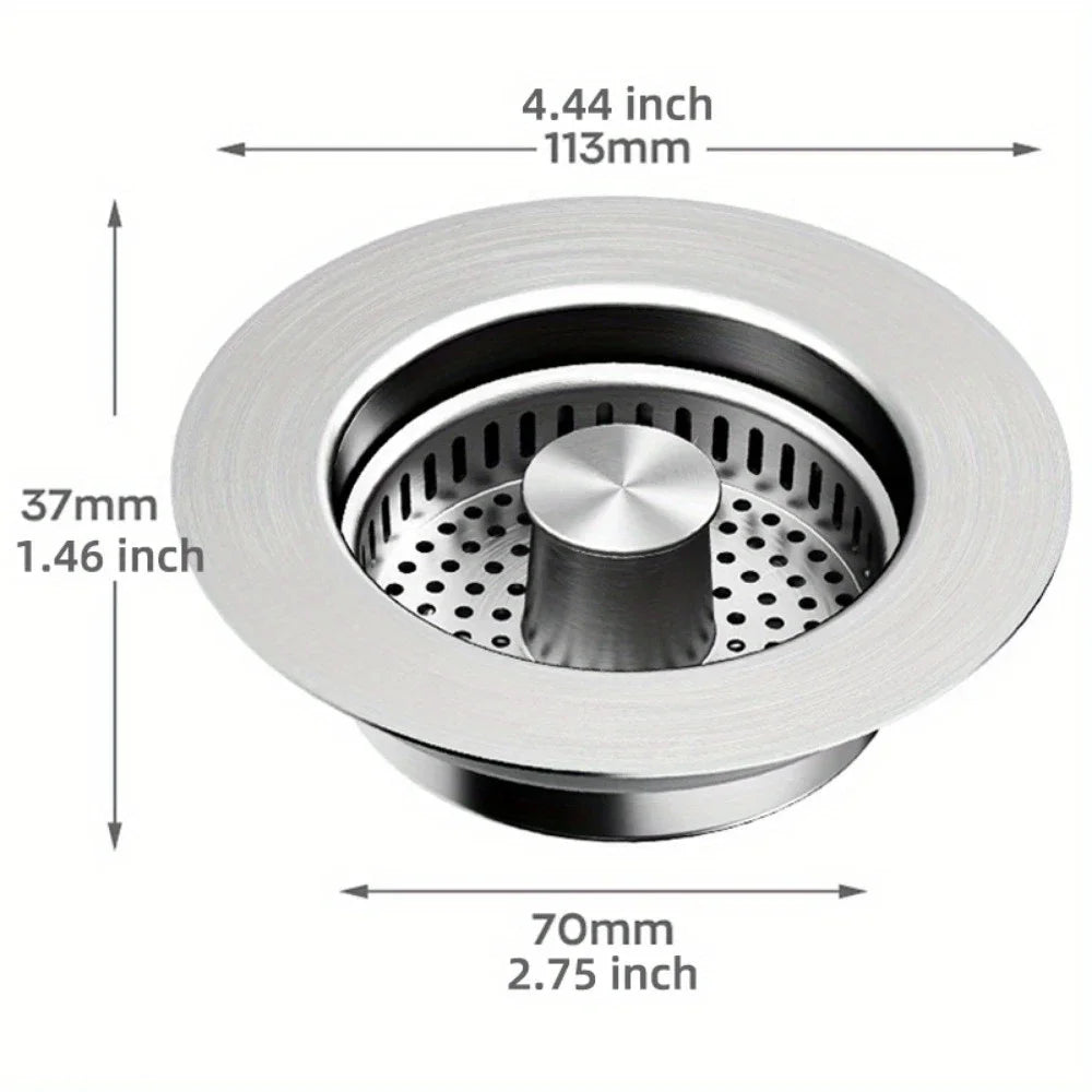 3-in-1 Stainless Steel Kitchen Sink Strainer - Pop-Up Drain Stopper with Anti-Clogging Basket & Odor Filter