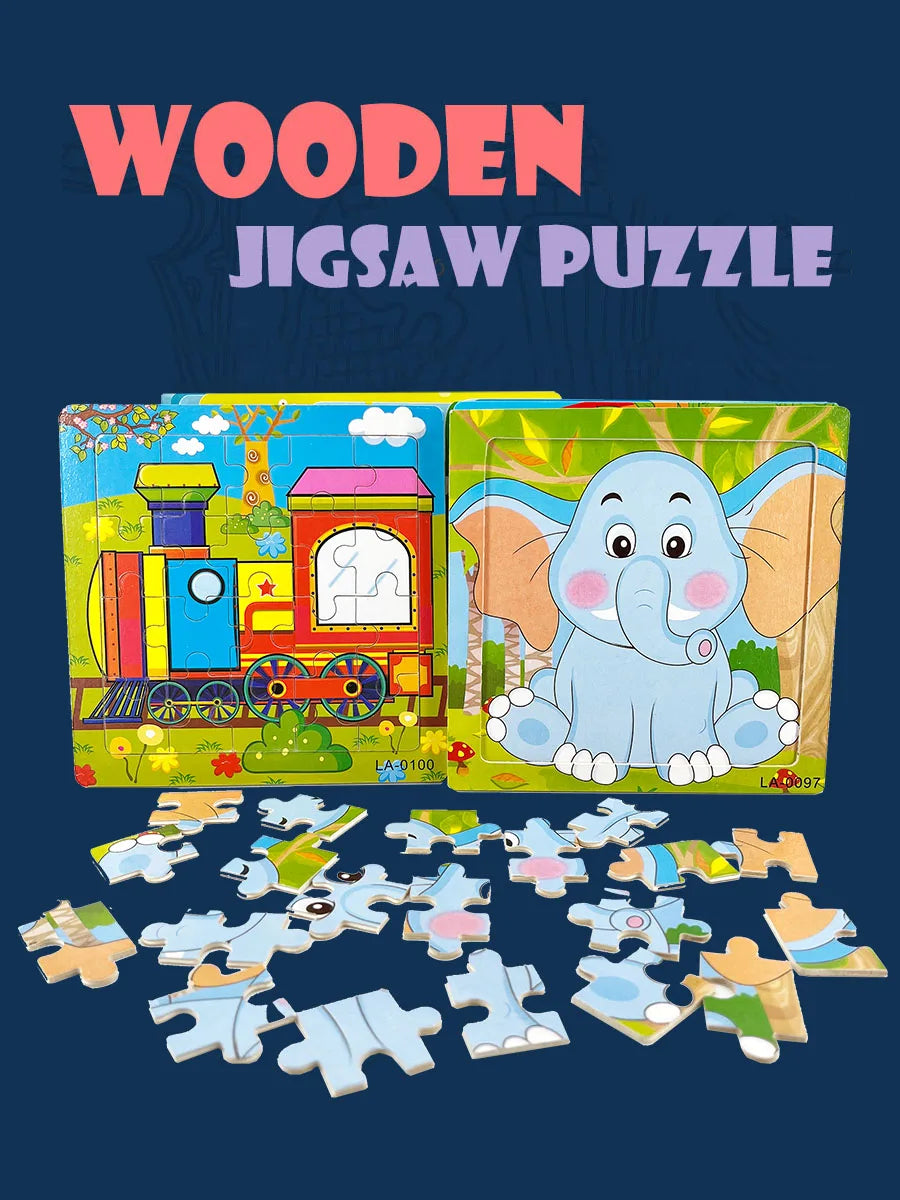 14.7cm Wooden Jigsaw Puzzle – Transportation & Marine Animal Educational Toy for Kids
