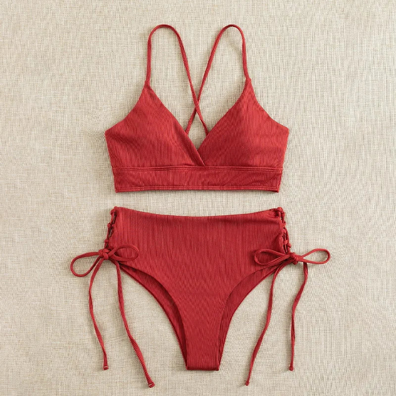 Cikini V-Neck Split Bikini Set – Sexy Lace-Up Triangular Solid Color Swimwear for Women