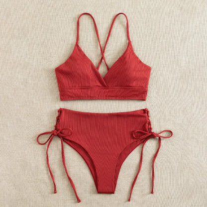 Cikini V-Neck Split Bikini Set – Sexy Lace-Up Triangular Solid Color Swimwear for Women
