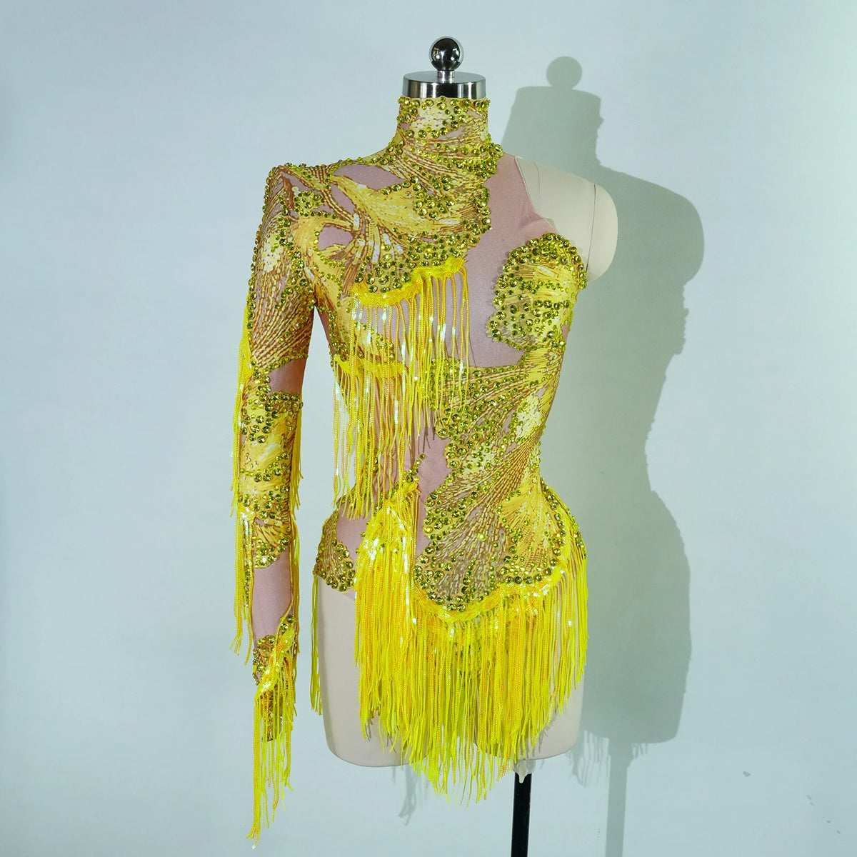 Sparkly Rhinestone Sequin One-Shoulder Bodysuit - Fringe Stage Party & Dance Performance Outfit