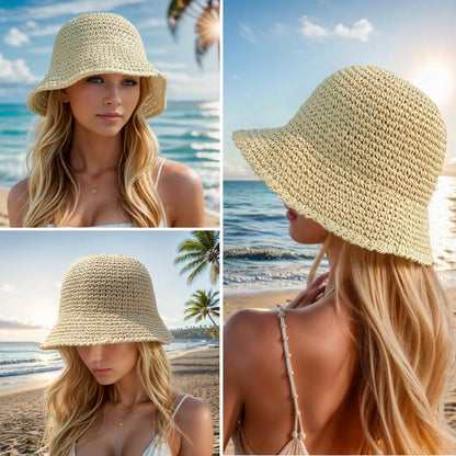 Women’s Summer Crochet Straw Bucket Hat – UV-Protect, Breathable Foldable Sunshade Cap for Beach & Outdoor Fashion