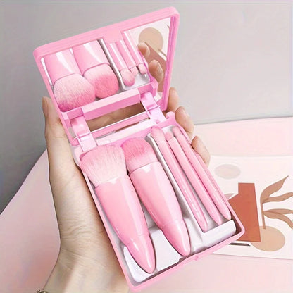 5Pcs Portable Makeup Brush Set - Foldable Travel Kit with Mirror Mini Cosmetic Brushes for Beauty On The Go