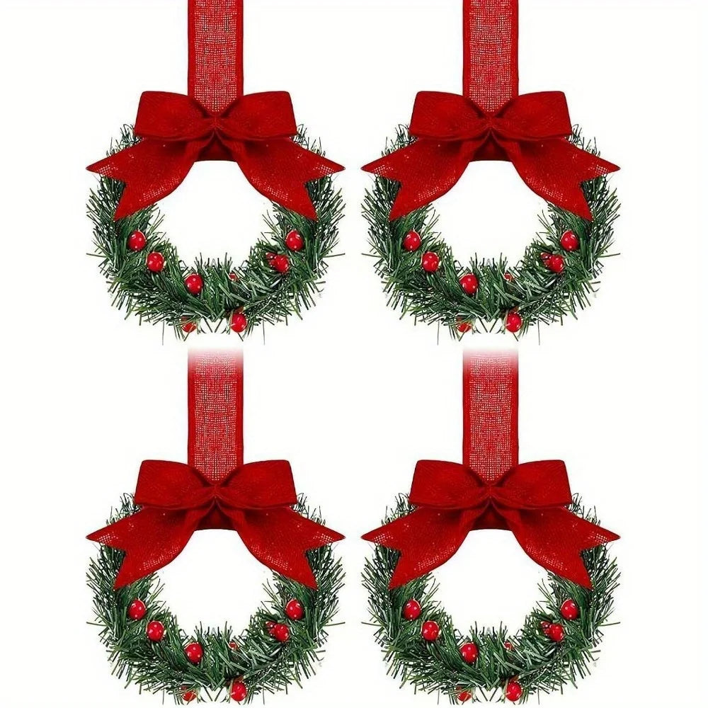 Set of 4 Mini Christmas Wreaths with Ribbon Bows & Red Berry Accents – Festive Window & Home Party Decorations