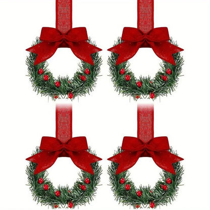 Set of 4 Mini Christmas Wreaths with Ribbon Bows & Red Berry Accents – Festive Window & Home Party Decorations