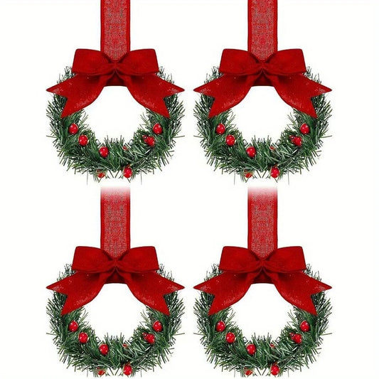 Set of 4 Mini Christmas Wreaths with Ribbon Bows & Red Berry Accents – Festive Window & Home Party Decorations