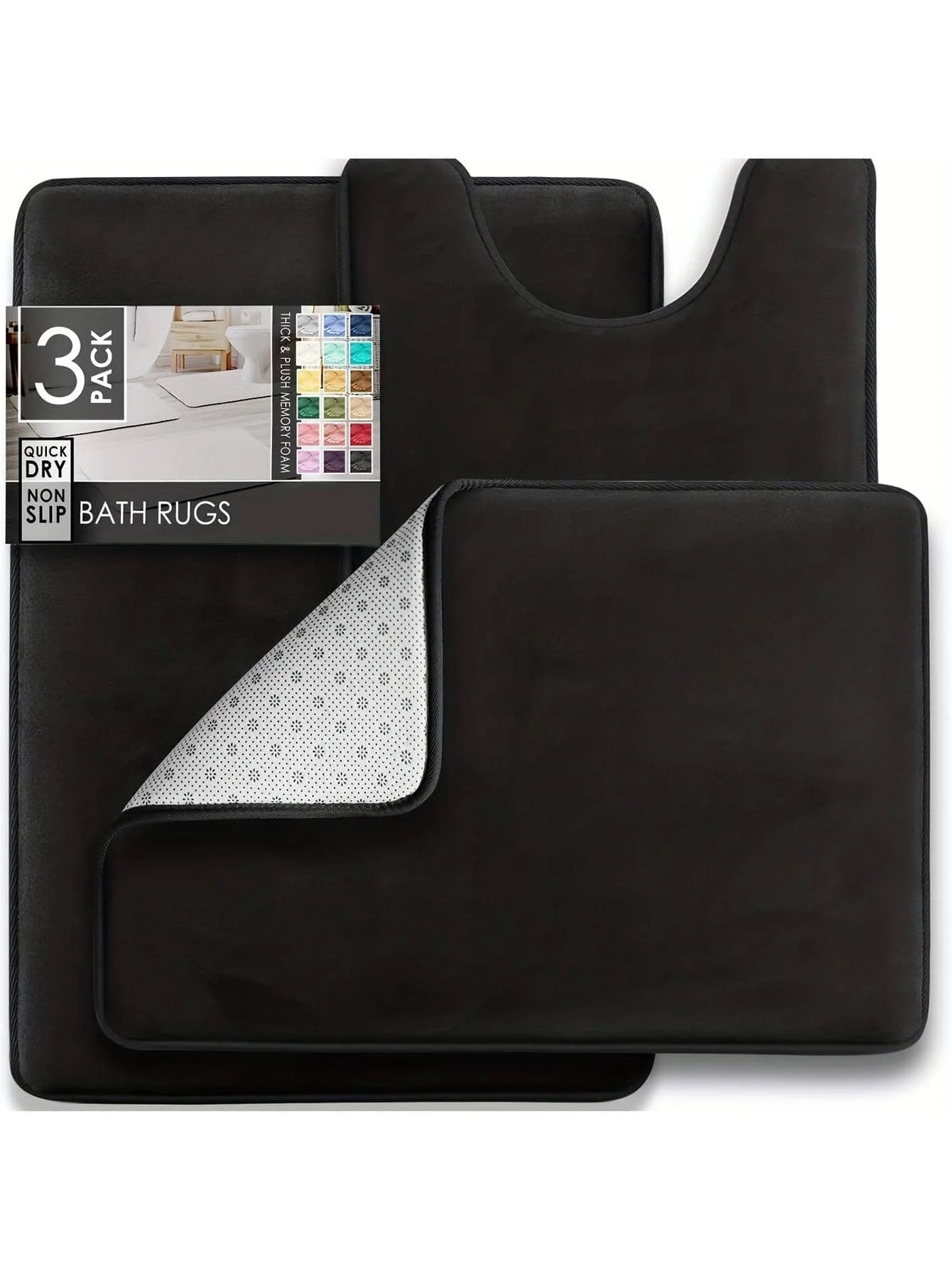 3PC Velvet Memory Foam Bathroom Rug Set - Ultra Soft, Non-Slip, Quick-Dry Machine Washable Bath Mats