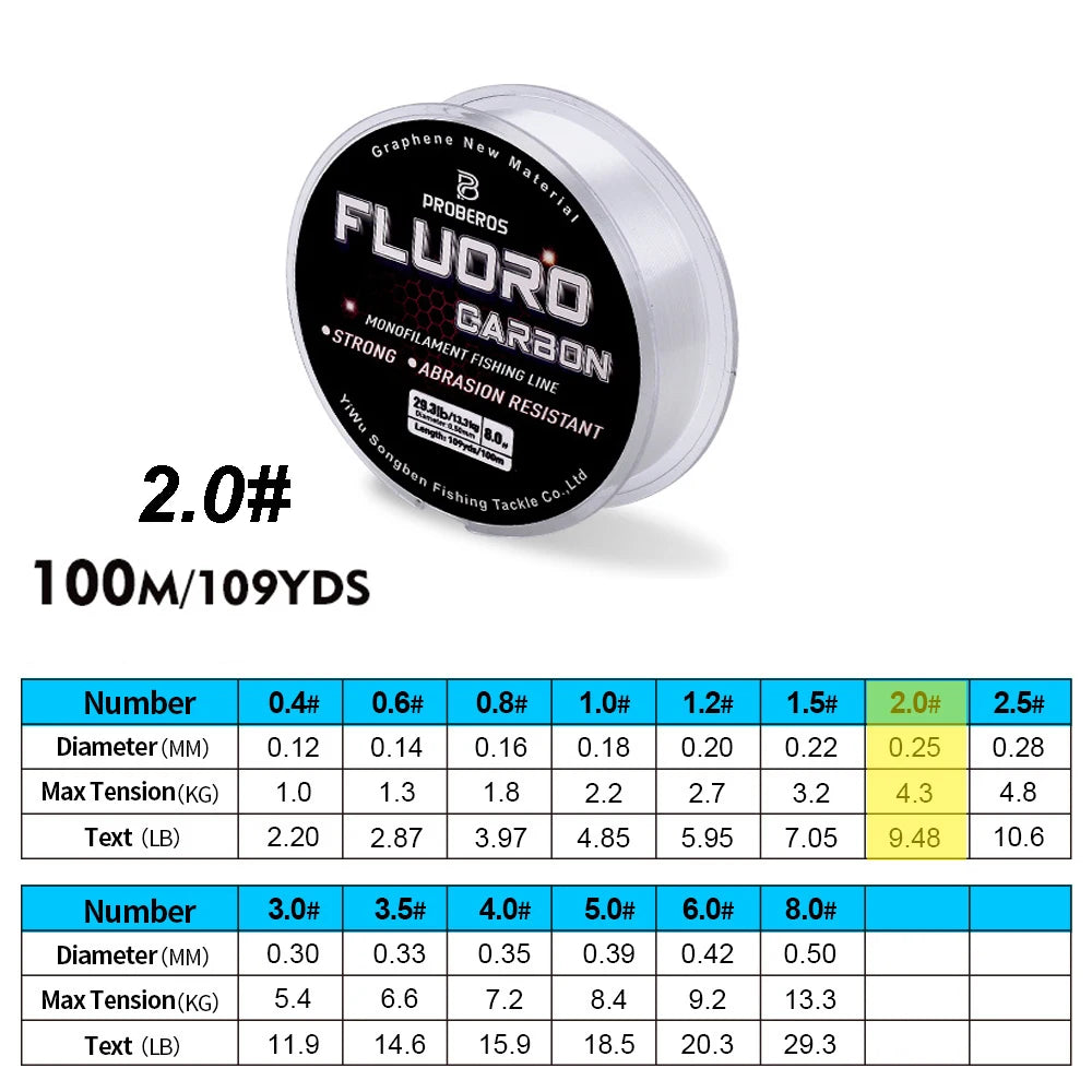 PROBEROS 100M Fluorocarbon Fishing Line - Carbon Fiber Monofilament Leader Line for Carp & Sinking Fishing Tackle