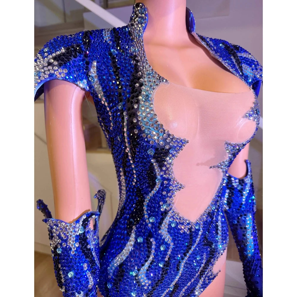 Sparkly Rhinestone Dance Performance Set - Bodysuit, Gloves & Hat Stage Costume
