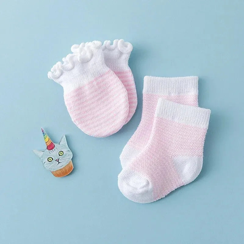 4-Pair Baby Socks & Gloves Set – Solid Color, Soft Cotton, Elastic Infant Toddler Ruffle Mittens for Newborn Girls & Boys