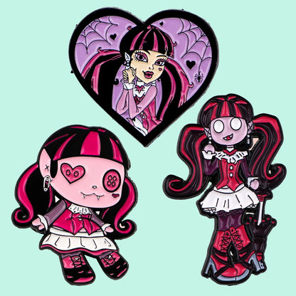 3-Piece Manga Girl Enamel Pin Set - Pink and Purple Metal Brooches for Backpacks, Collars, Lapels, and Collectors’ Gifts