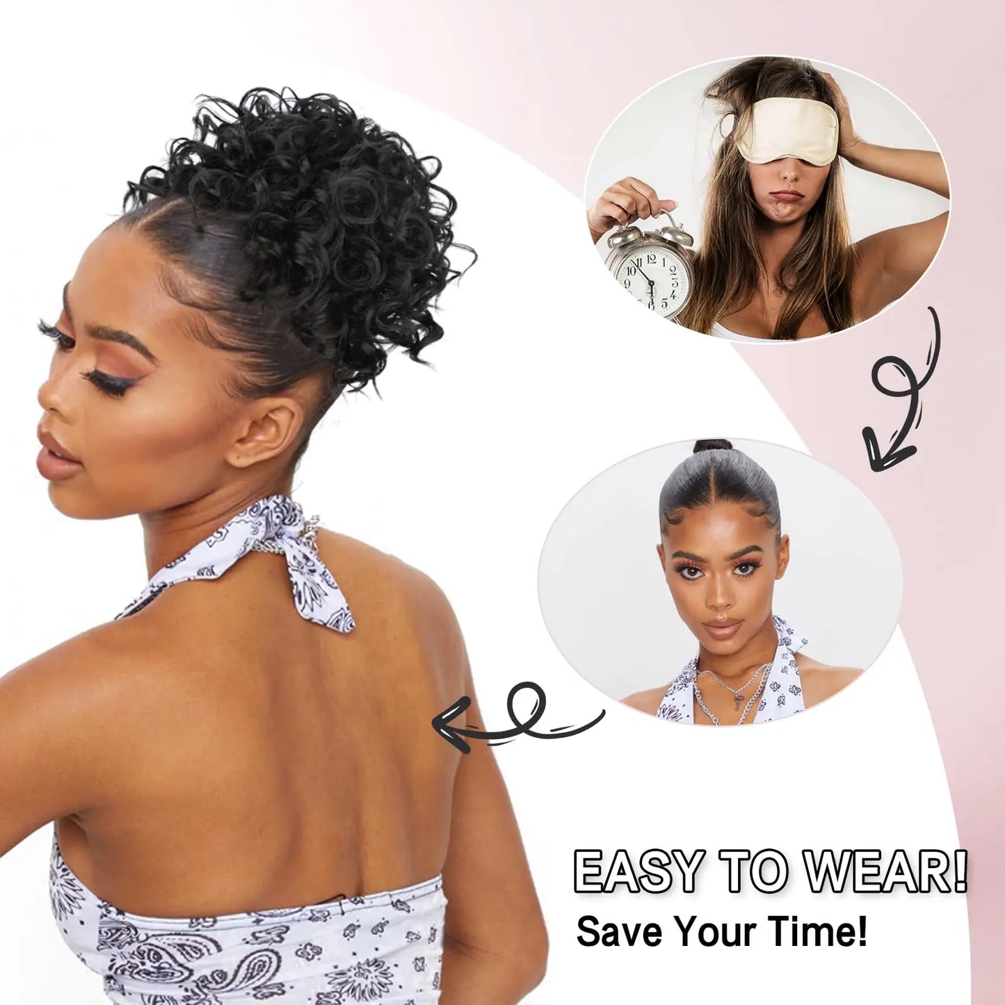 Loose Wave Curly Hair Bun Extension - Synthetic Messy Bun Hair Piece 60g - Elastic Drawstring for Women, Dark Brown