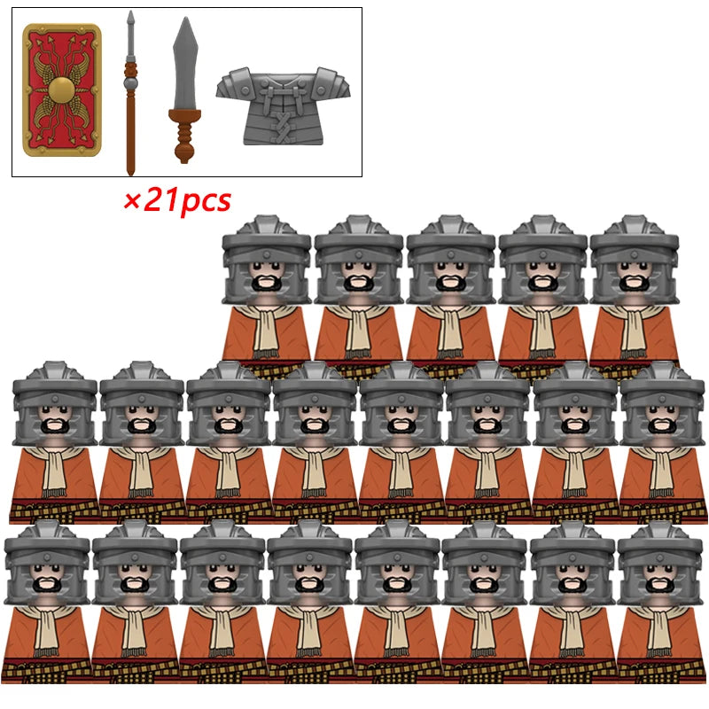21PCS MOC Medieval Knights & Roman Legion Soldiers Building Blocks Set Warrior Figures with Weapons Helmet Bricks Toy Collection