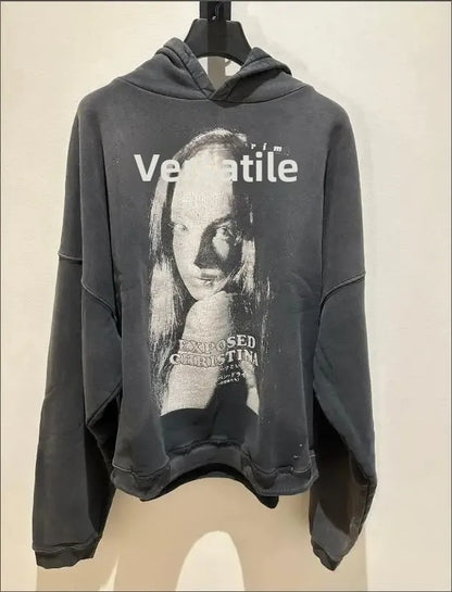 Washed Casual Hoodie Sweatshirt — Unisex Loose-Fit Street Style Crew Neck with Lip Print Letter Design, Vintage Comfortable Top