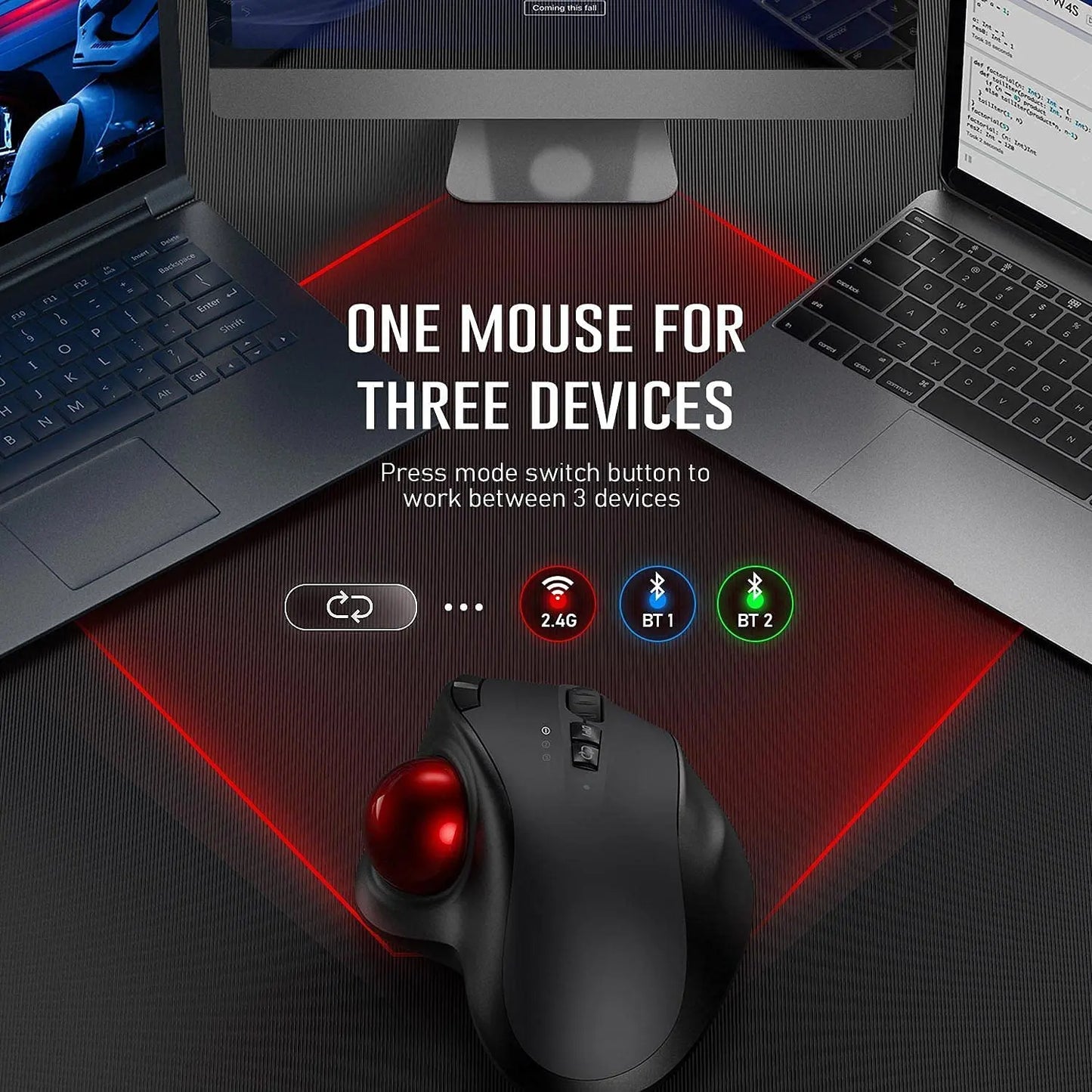 Wireless Rechargeable Trackball Mouse - Bluetooth 2.4G USB Ergonomic Mice for Computer, Android, Windows, 3 Adjustable DPI