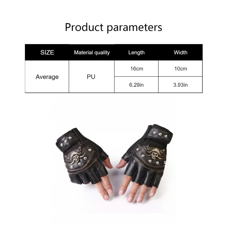 Pirate Skull PU Leather Fingerless Gloves for Men & Women – Hip Hop, Gym, Moto Half-Finger Mitts with Rivets