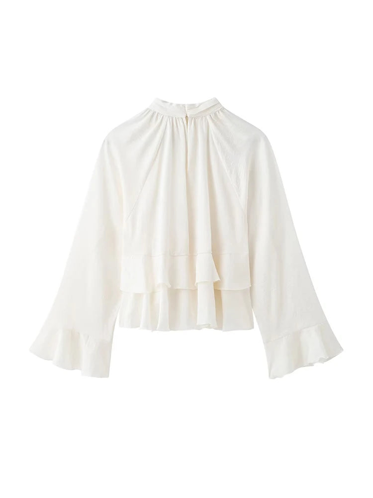 Women’s Long Sleeve Ruffled Blouse – Stand Collar Elegant Chic Fashion Shirt