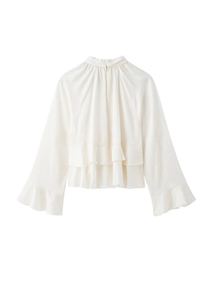Women’s Long Sleeve Ruffled Blouse – Stand Collar Elegant Chic Fashion Shirt