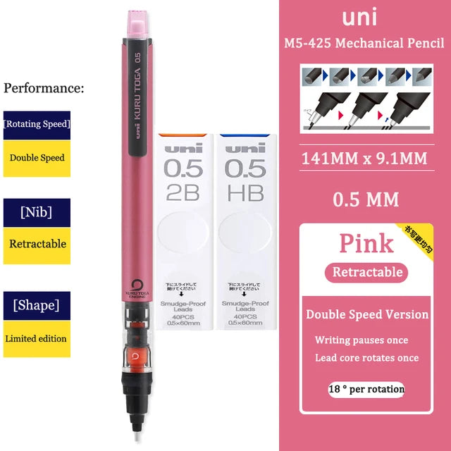 UNI KURU TOGA M5-452 Mechanical Pencil 0.5mm – Rotating Lead Automatic Pencil for Continuous Writing & Sketching