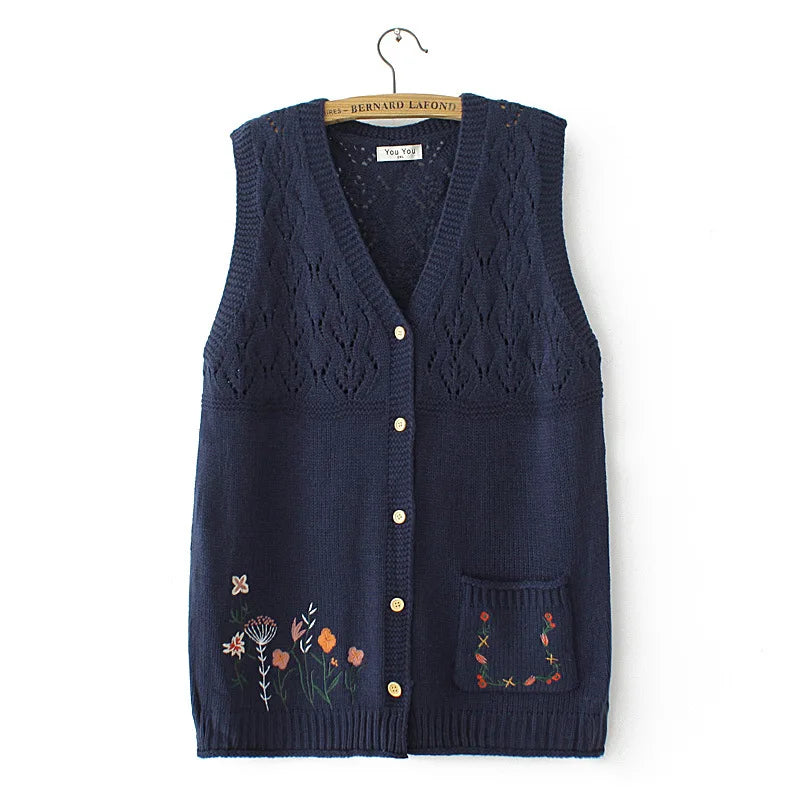 Plus Size Women's Embroidered Hollow Knit Sweater Vest – V-Neck Cardigan, Casual Autumn Fashion, E2 3023