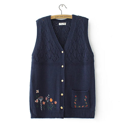 Plus Size Women's Embroidered Hollow Knit Sweater Vest – V-Neck Cardigan, Casual Autumn Fashion, E2 3023