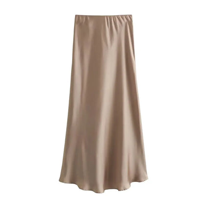 TRAF Women’s 2024 Satin Skirt — High Waist Black Midi Summer Skirt, Elegant Office Long Skirt for Women